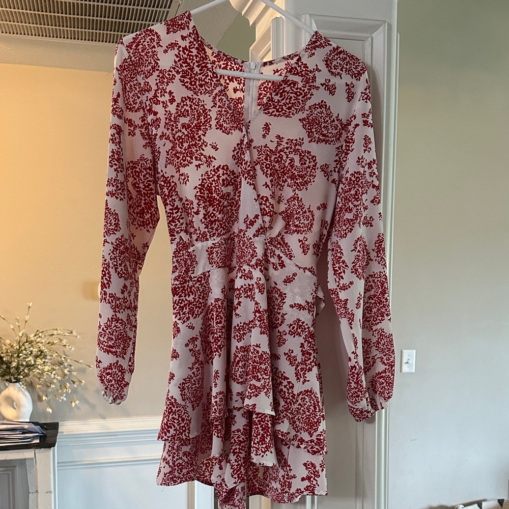 Red Floral Print Long Sleeve Tiered Mini Dress